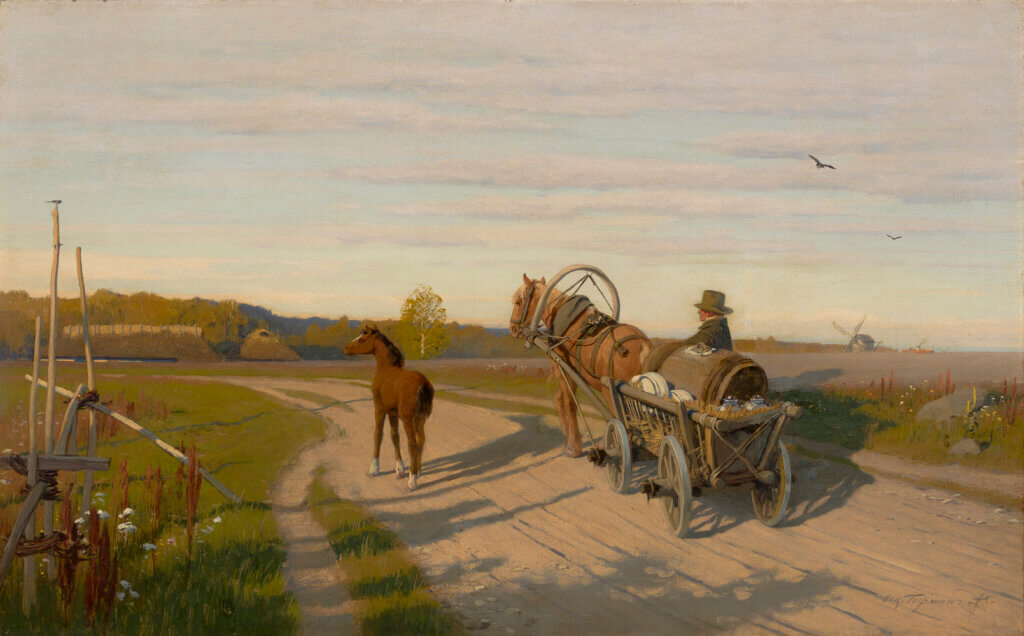 Oskar-Hoffmann-Eesti-talupoeg-vankri-ja-varsaga-teel-kevadoksjon