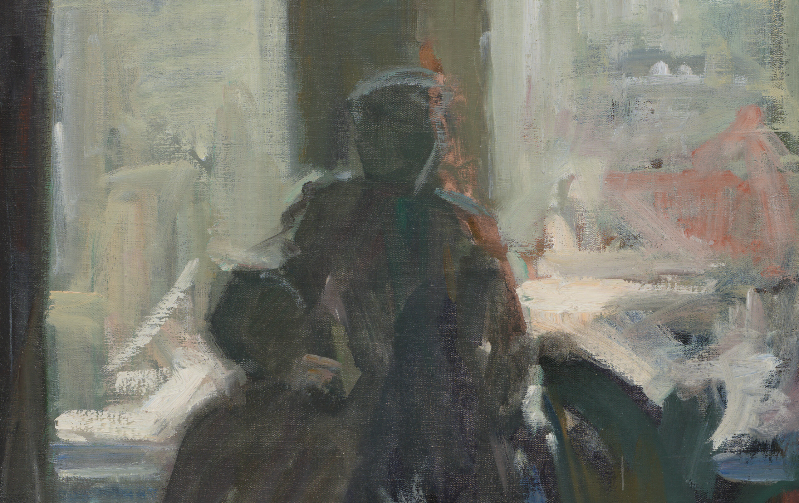 Johannes Võerahansu “Natüürmort/Figuurid aknal”, 1956. 88 x 74,6 cm.