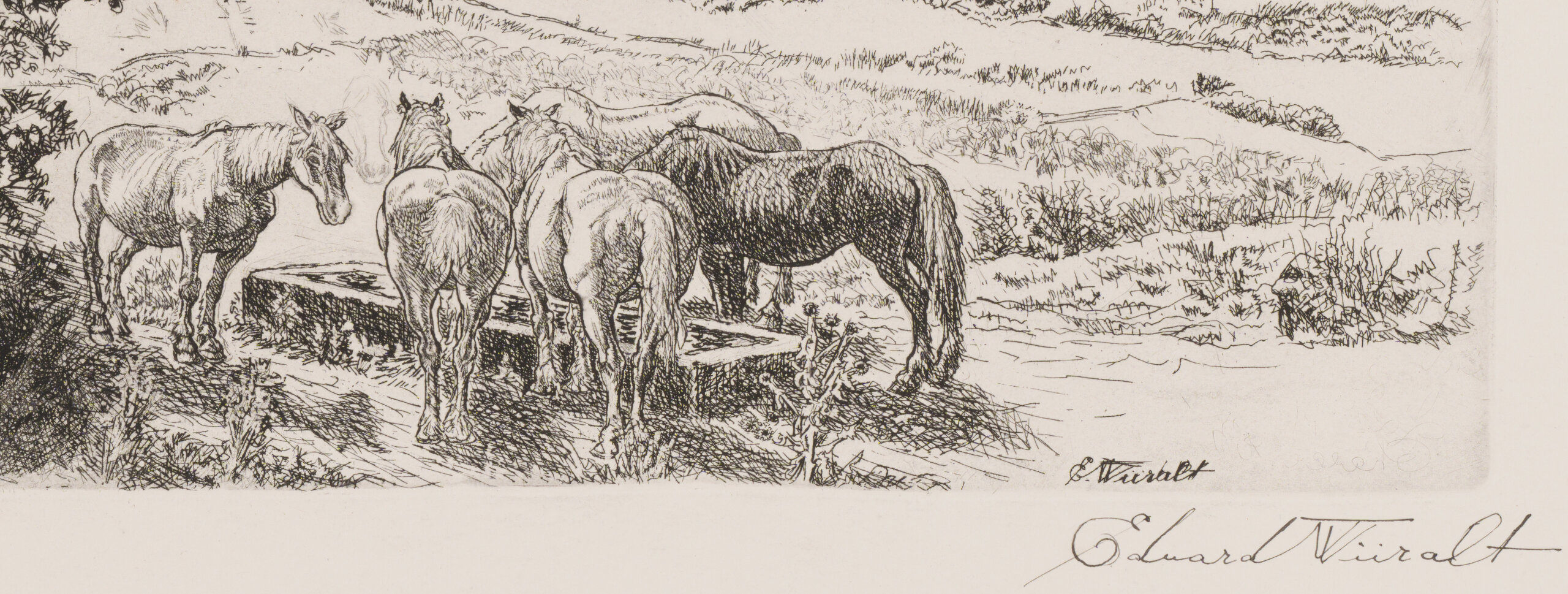 Eduard Wiiralt “Burgundia maastik (Maastik hobustega)”, 1947. Plm 32,2 x 39,6 cm