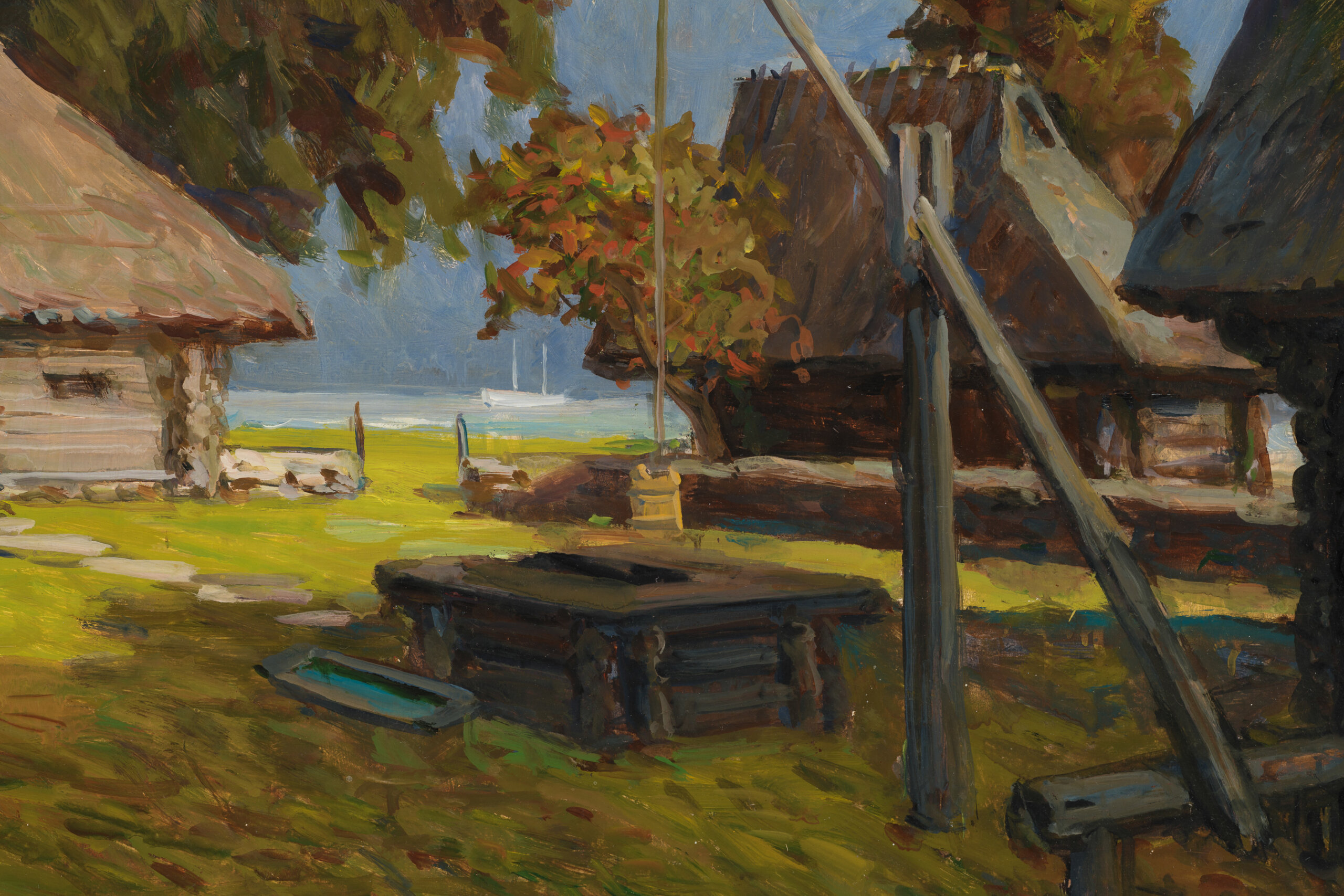 Märt Bormeister “Vana talu Saaremaalt (valge laevaga)”, 1987, 50 x 80 cm.