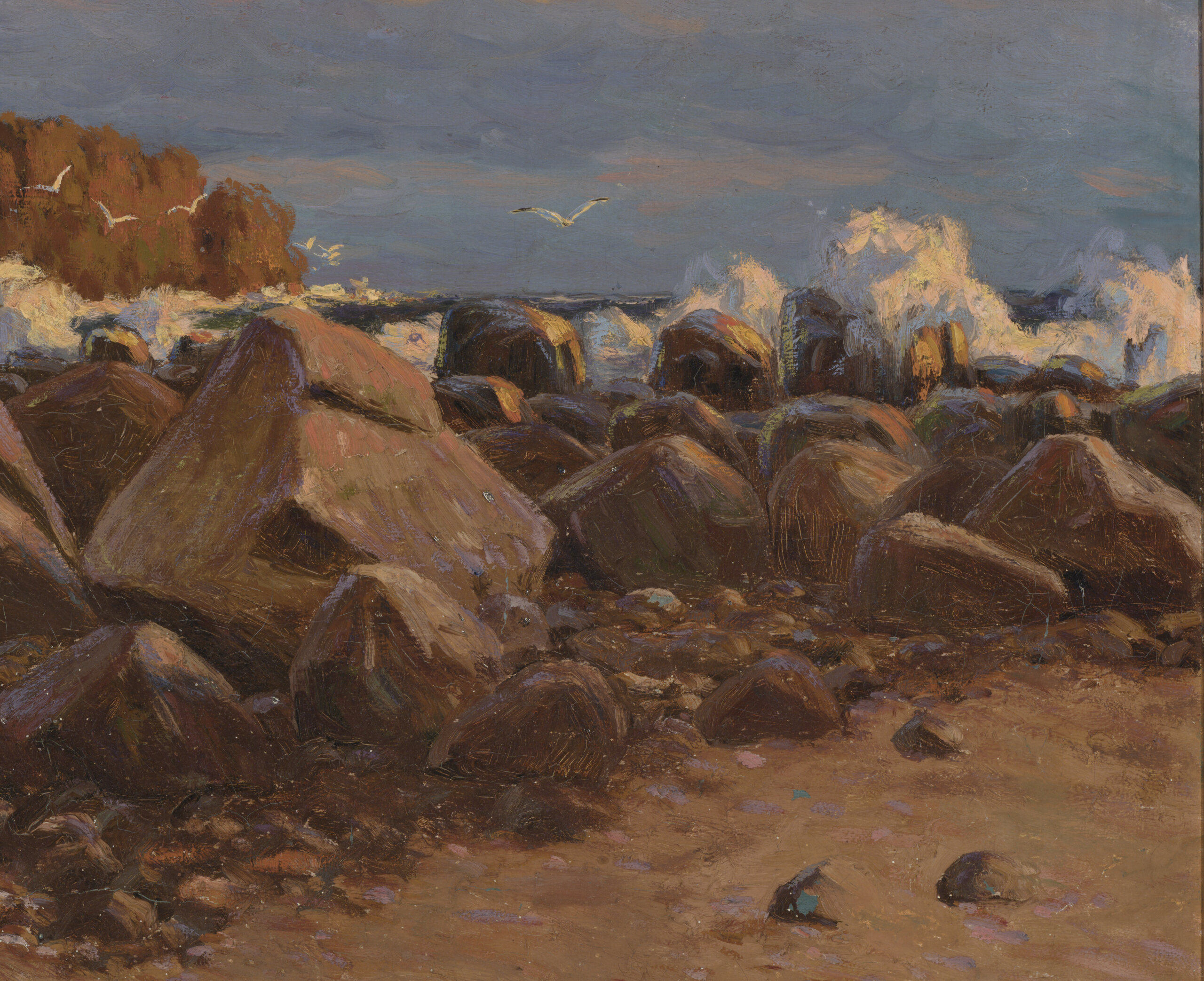 Oskar Obst “Päikeseloojang kivisel rannikul”, 1918. 58 x 83,5 cm.