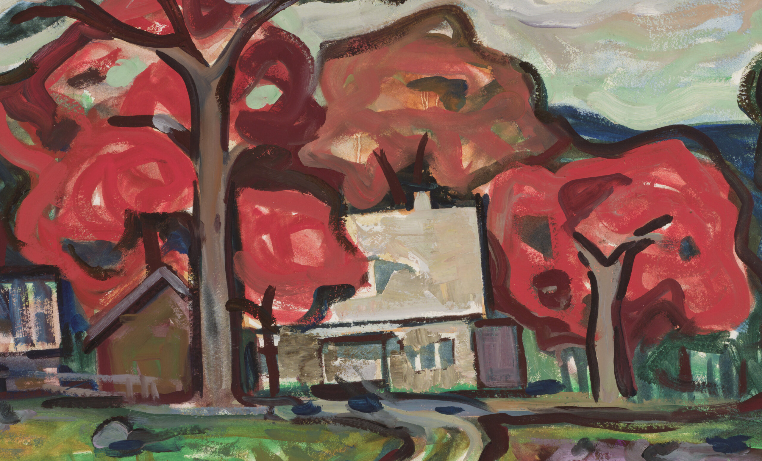 Ülo Teder “Taluvaade punaste puudega”, 1988. 50 x 80 cm.
