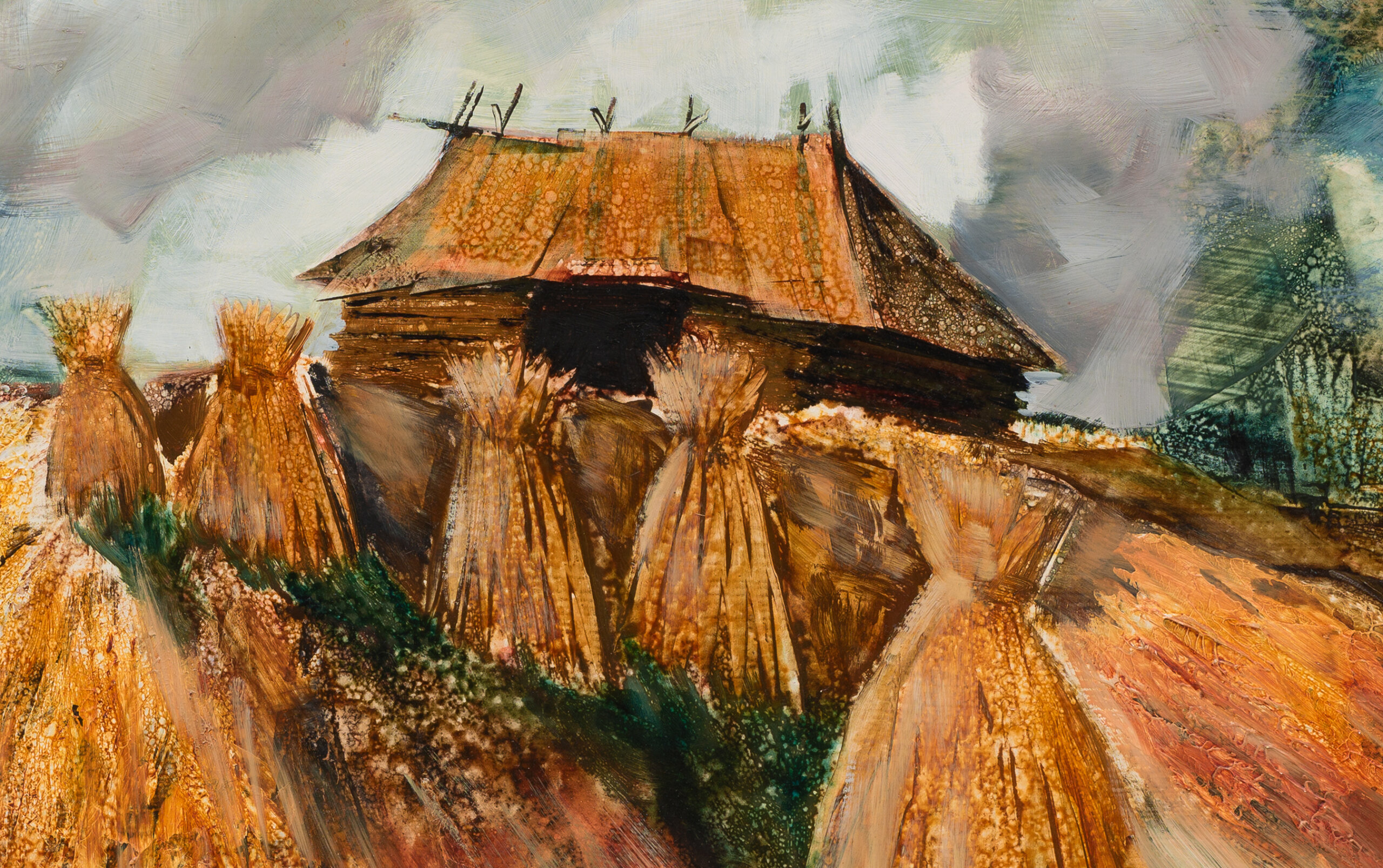 Joann Saarniit “Maastik rukkihakkidega”, 1970. 46 x 101,5 cm.