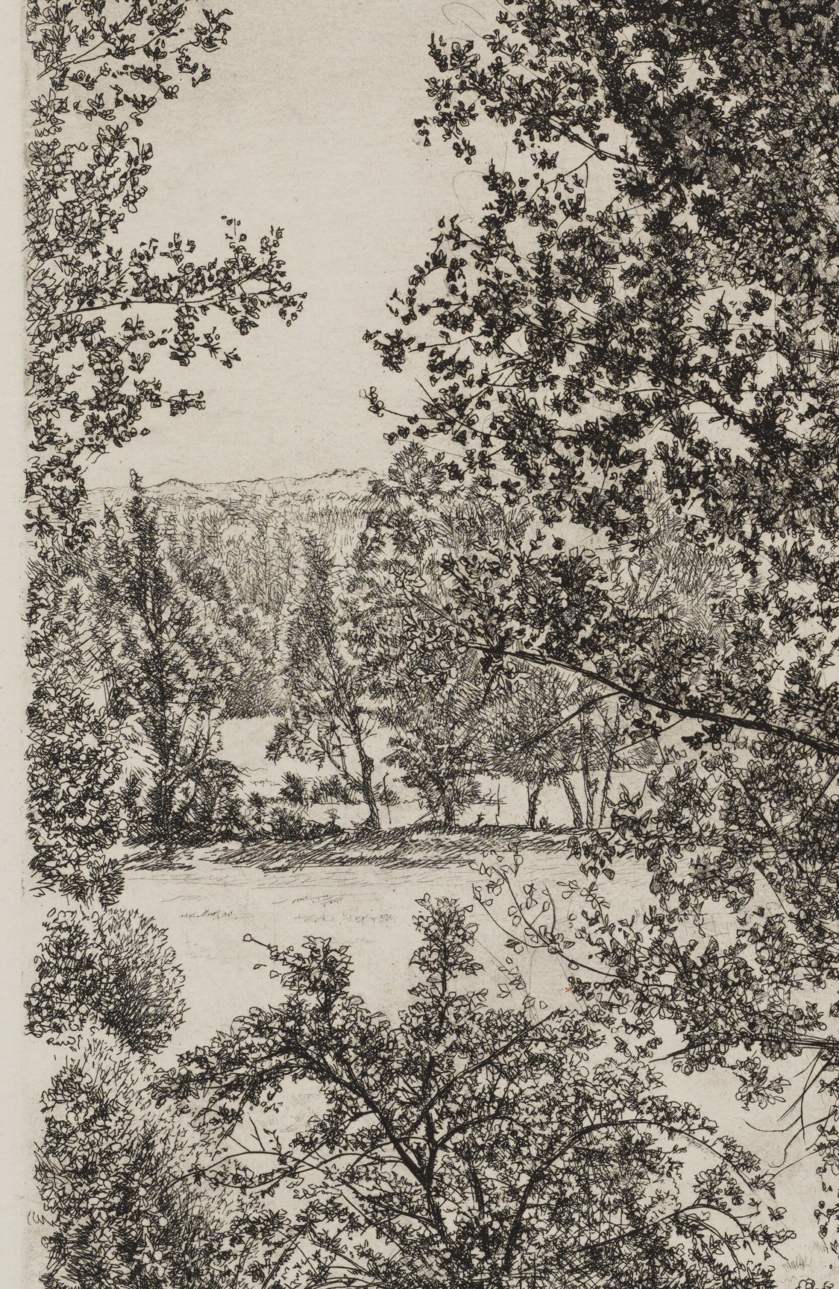 Eduard Wiiralt “Burgundia maastik (Maastik hobustega)”, 1947. Plm 32,2 x 39,6 cm.