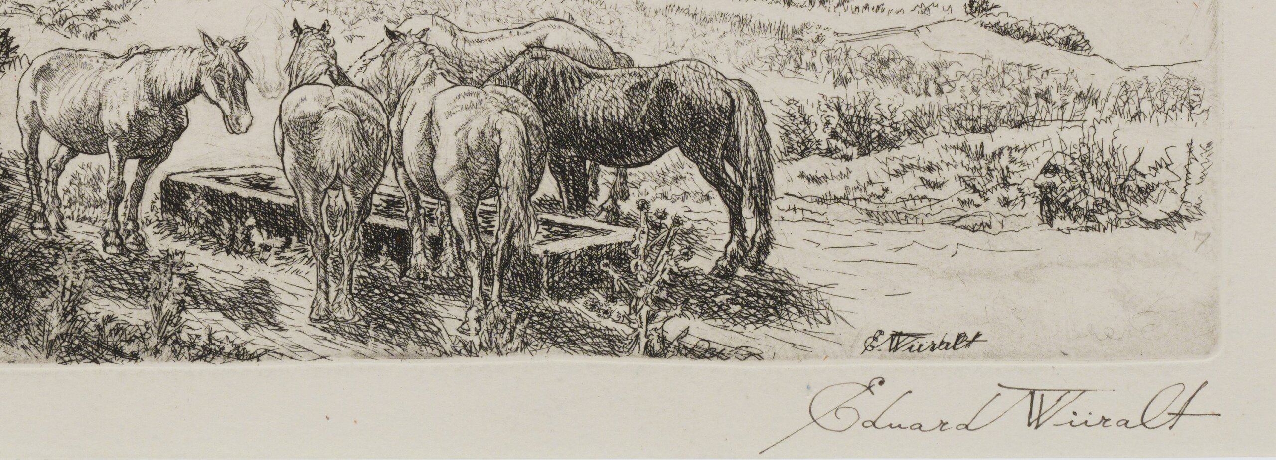 Eduard Wiiralt “Burgundia maastik (Maastik hobustega)”, 1947. Plm 32,2 x 39,6 cm.